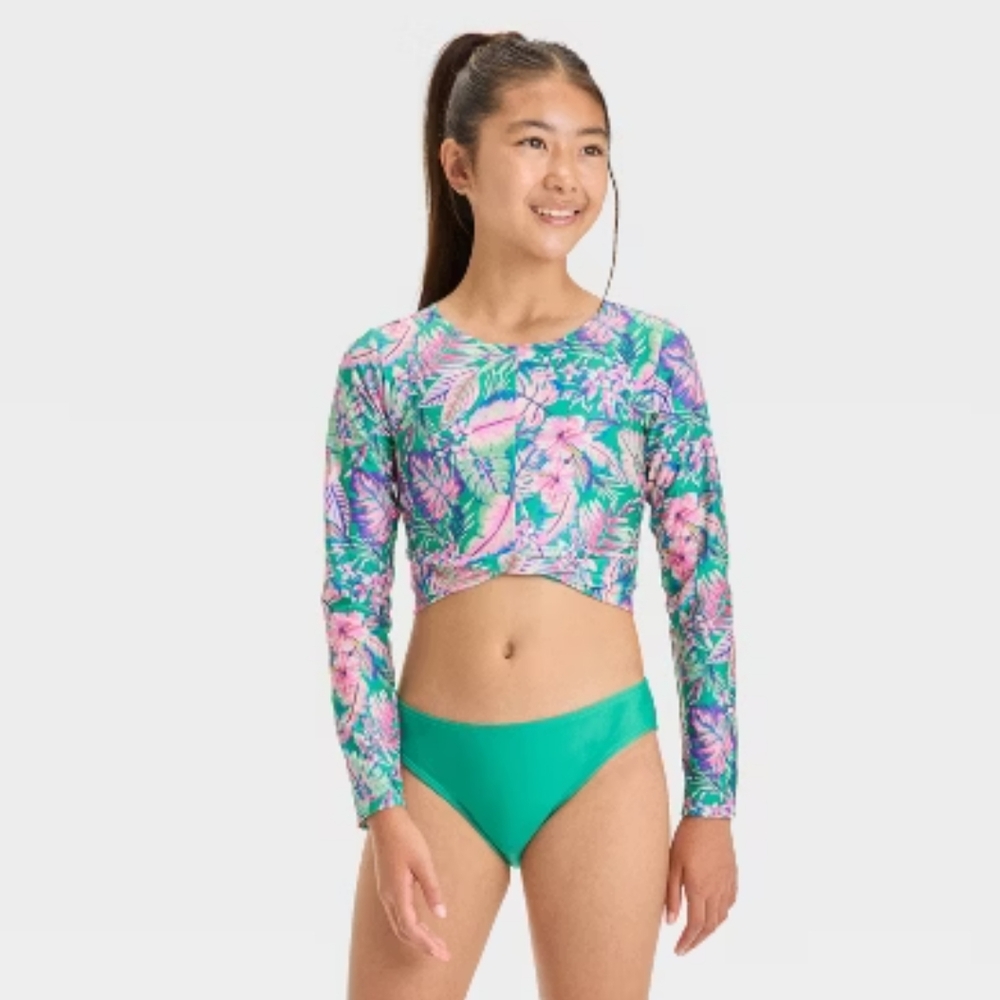 Art Class Floral Long Sleeve Kids Swim TOP ONLY L (10/12)